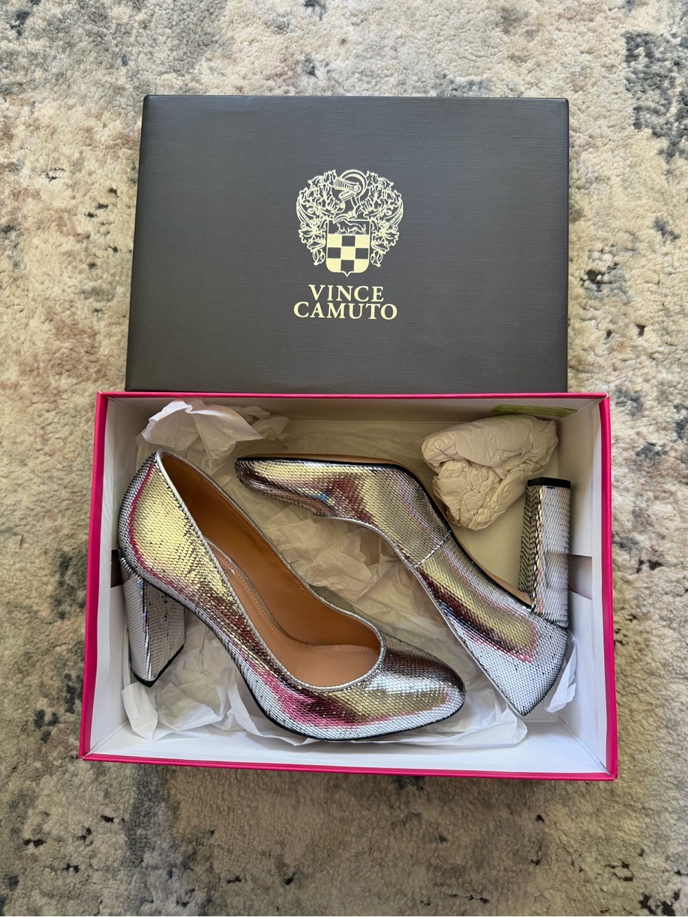 Vince Camuto Iridescent Silver-Pink Block Heel Pumps